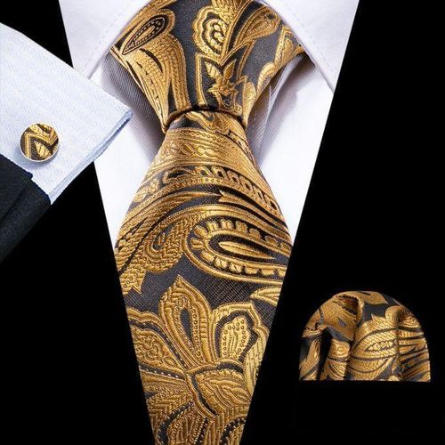 Gold leaves floral necktie with cufflinks and pocket square