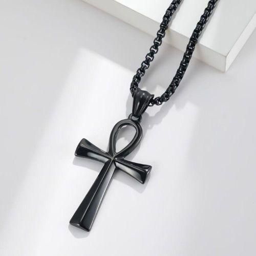 Unisex Fashion Ancient Egyptian Coptic Ankh Cross Black Tone Pendant Necklace With a Free Gift box