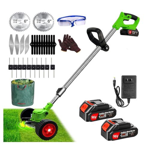 Cordless Lawn Mower Brush Cutter with Two 96V Rechargeable Lithium Batteries and Two Wheels