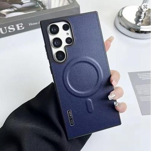 Galaxy S23 Ultra Luxury Matte Leather Magnetic Aircase – MagSafe Wireless Charging Compatible Shockproof Bumper Cover, Soft Leather Anti-Scratch Protective Phone Case (Blueish)