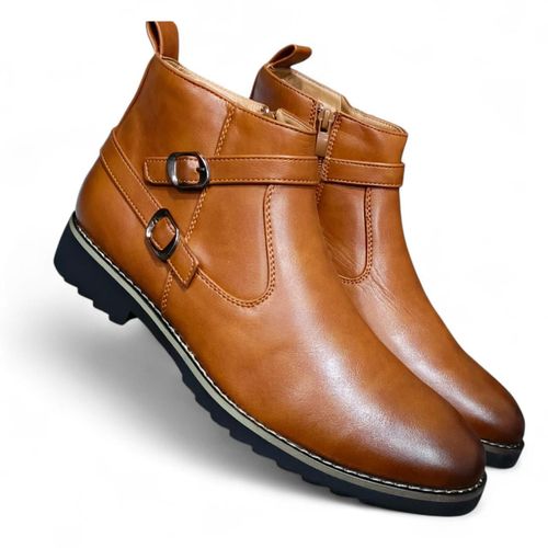 ognac Leather Double-Buckle Monk Strap Boots Burnished Almond-Toe Heritage Boots Modern Gentlemans Urban Chelsea-Hybrid Weather-Resistant Dual-Strap Moto Boots