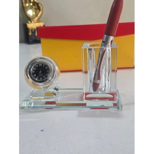 Crystal Glass Desktop Clock & Pen Holder Set, Elegant Clear Crystal Design with Quartz Round Clock and Cylindrical Pen Holder, Premium Office Desk Accessory, 16x7cm