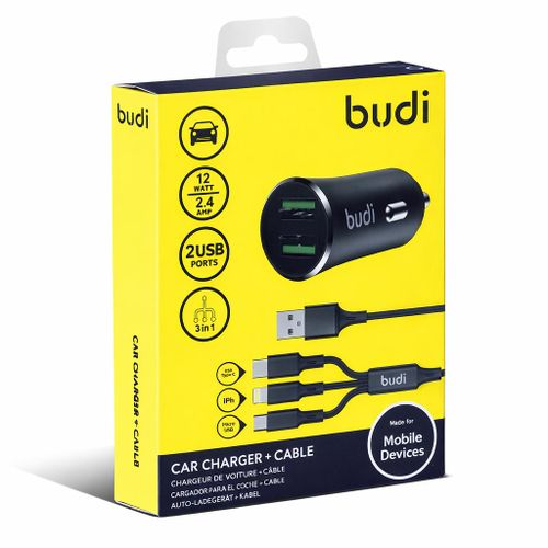 12W Dual USB Car Charger with 3-in-1 Charging Cable
