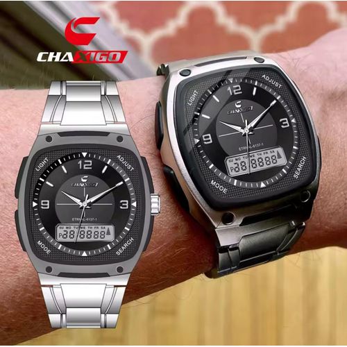 Premium Chaxigo Dual Time Original Wristwatch Featuring Stainless Steel Strap Mineral Glass Night Light Function and Everyday Water Resistance