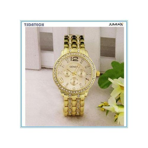 Geneva Rhinestone Gold Crystal Quartz Stainless Steel Wristwatch Women