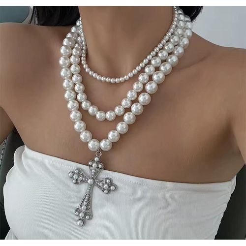 Elegant Multi-Layered Pearl Necklace – White Cross Pendant Design with Premium Craftsmanship