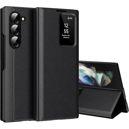 Galaxy Z Fold 6 Smart Clear View Wallet Case With Interactive Display Window Slim Magnetic Flip Cover - Black