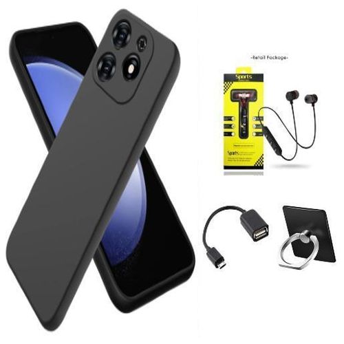 Tecno Pop 8 Solid Color Silicone Soft Phone Cover + Sports BT Headset + OTG Cable + Ring. .