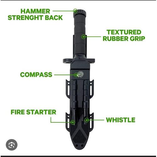 Albainox 32537 Black Knife with Flint Sharpener and Compass 19cm Stainless Steel Blade and ABS Handle for Home Fishing Camping Outdoor Survival and Wilderness