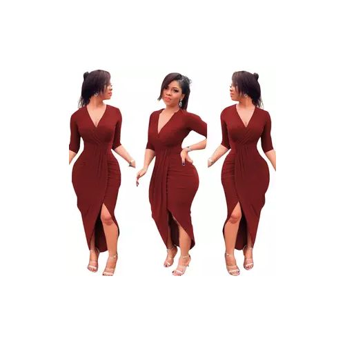 Casual Solid Color V Neck Bodycon Office Dress For Women Fashion Outfits-Maroon