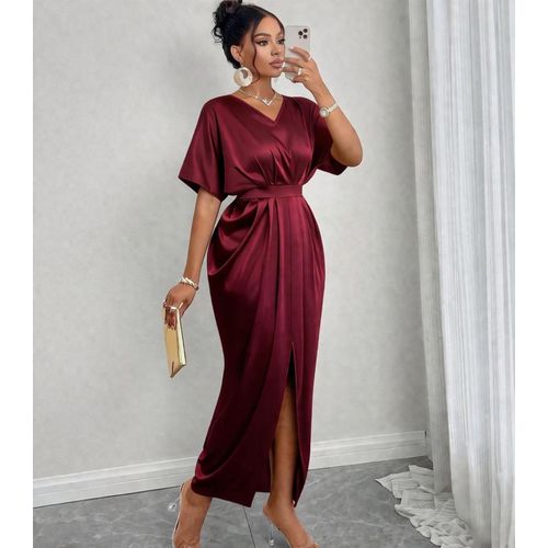 Elegant Satin V-Neck Waist Pleated Slit Maxi Dress Maroon