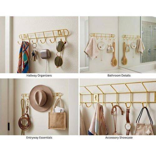 8 hook Gold Stainless steel rail for keys, coats, towels, cups, spoons etc in bedroom closet, laundry room ,kitchen, hallways