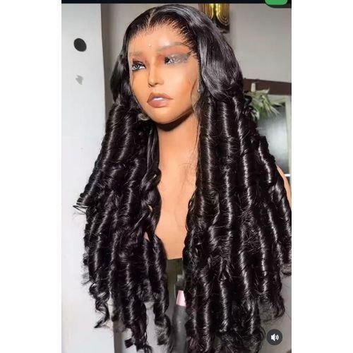 Wavy bouncy black HD lace 28250density hundred percent human hair full frontal wig double drawn