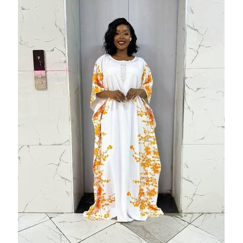 The Ultimate Elegant Modern Statement Kaftan/Dera with Bold Coral Accents- White & Yellow