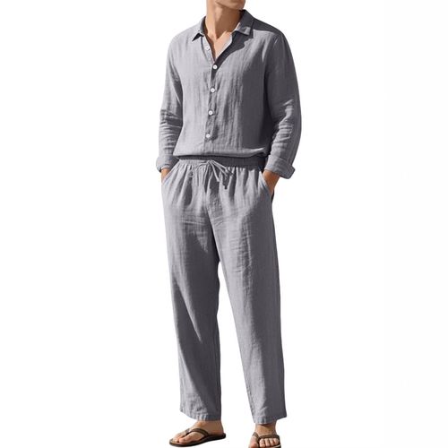 linen men's casual loose beach sun protection long-sleeved shirt and trousers suit