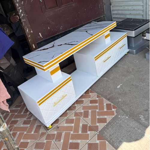 Executive TV Stand with Marble Coating LED Lights Modern Entertainment Unit with Storage Shelves Cabinet