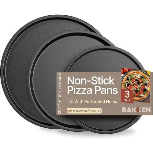 3 Pcs Carbon Steel Non-Stick Pizza Pan Set - Round Baking Trays (6", 8", 10") for Crispy Crusts, Pies & Home Baking