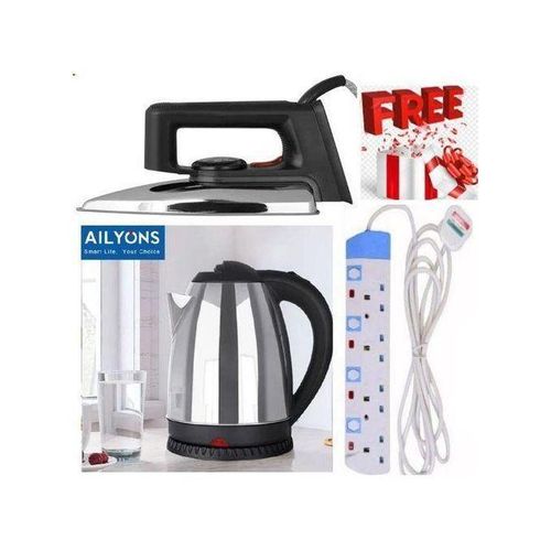 Affordable Electric 4 Way Power Extension Cable Socket With Safety Switches + EXTRA BONUS Electric Water Boiler Jug – Safe & Quick Heating & Electric Dry Iron Box 1000W With Titanium Teflon Non-Stick Soloplate