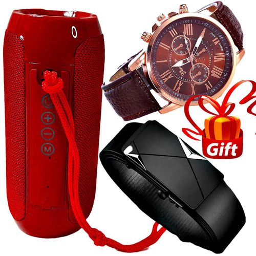 Portable Red Bluetooth Speaker // Geneva Watch // Buckle Leather Belt
