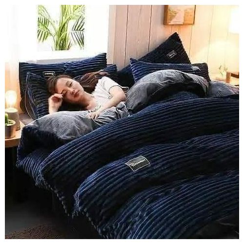 4pcs Navy blue grey velvet duvet set
