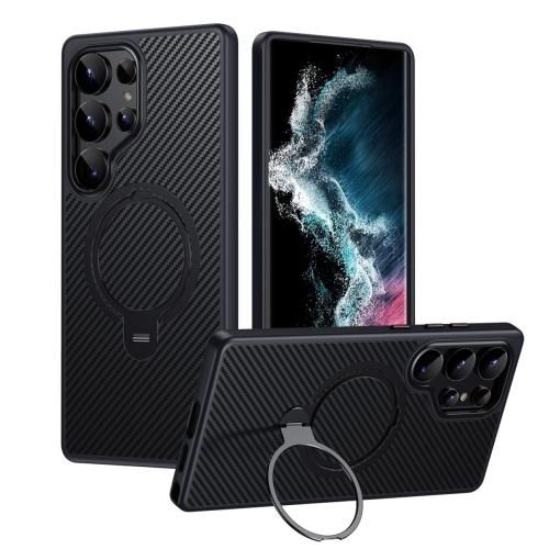 Black Carbon Fiber Case With Stand Ring MagSafe For Samsung Galaxy S24 Ultra 5G - Premium Protection & Utility