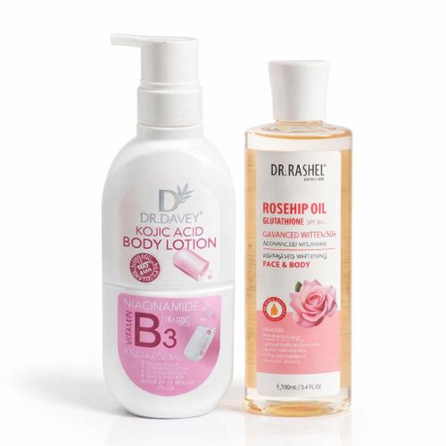 Skin Brightening Duo Set – Kojic Acid Body Lotion with Niacinamide + Rosehip Oil with Glutathione (Face & Body)