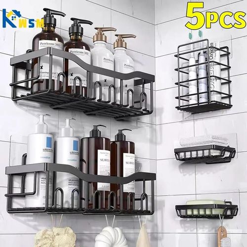 5pcs Set Shower Caddy Shelf Bathroom Organizer – Wall Mounted Storage Rack for Toiletries, Shampoo, and Bathroom Essentials