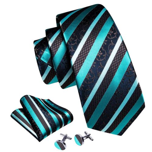 Turquoise blue brown striped necktie with cufflinks and pocket square