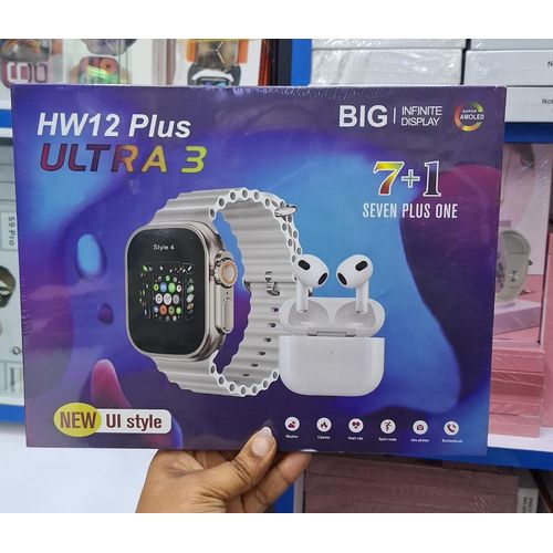 HW12 Plus Ultra 3 Smartwatch Bundle – 7 Straps + Wireless Earbuds, Bluetooth Call, Fitness & Health