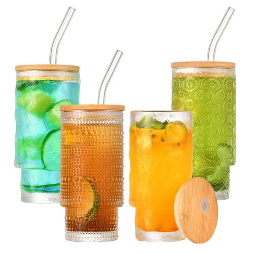 HIGHBALL CRYSTAL RIBBED GLASS WITH BAMBOO LID AND STRAW